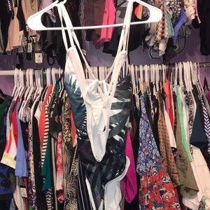 MWOT ladies one piece win suit cross strap back green and white open size Small